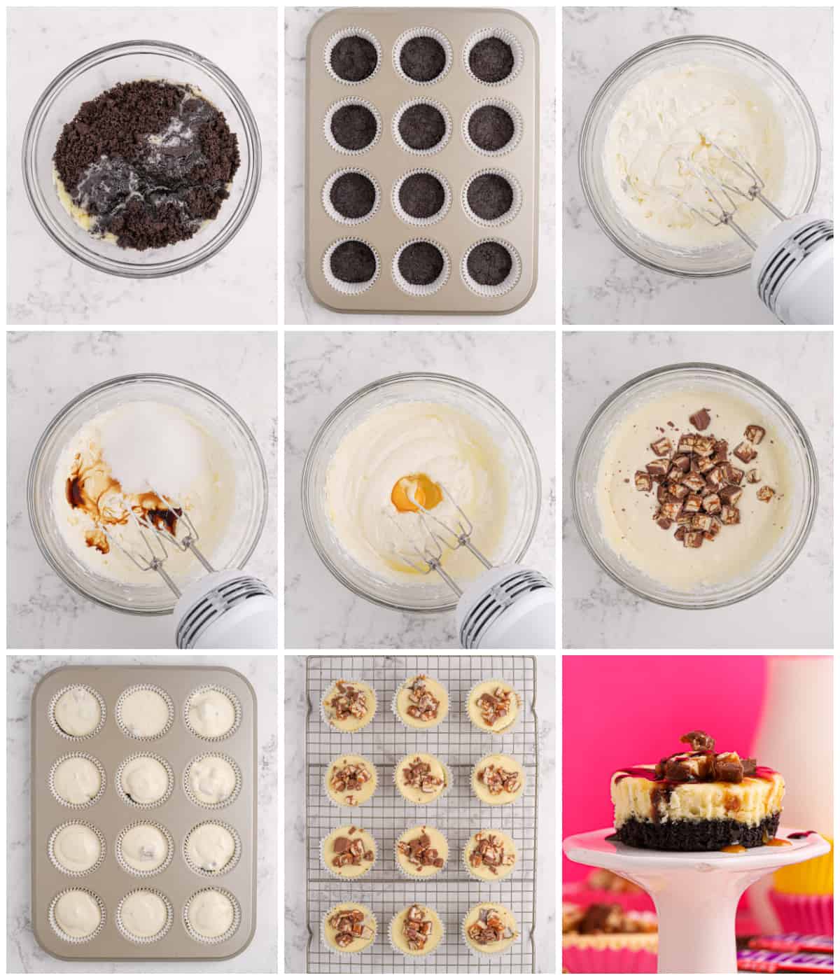Step by step photos on how to make Snickers Mini Cheesecakes.