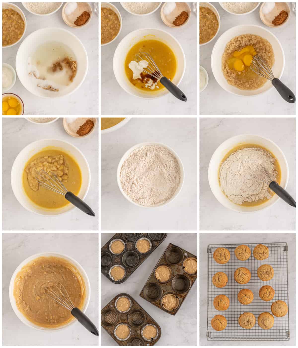 Step by step photos on how to make Easy Banana Muffins.