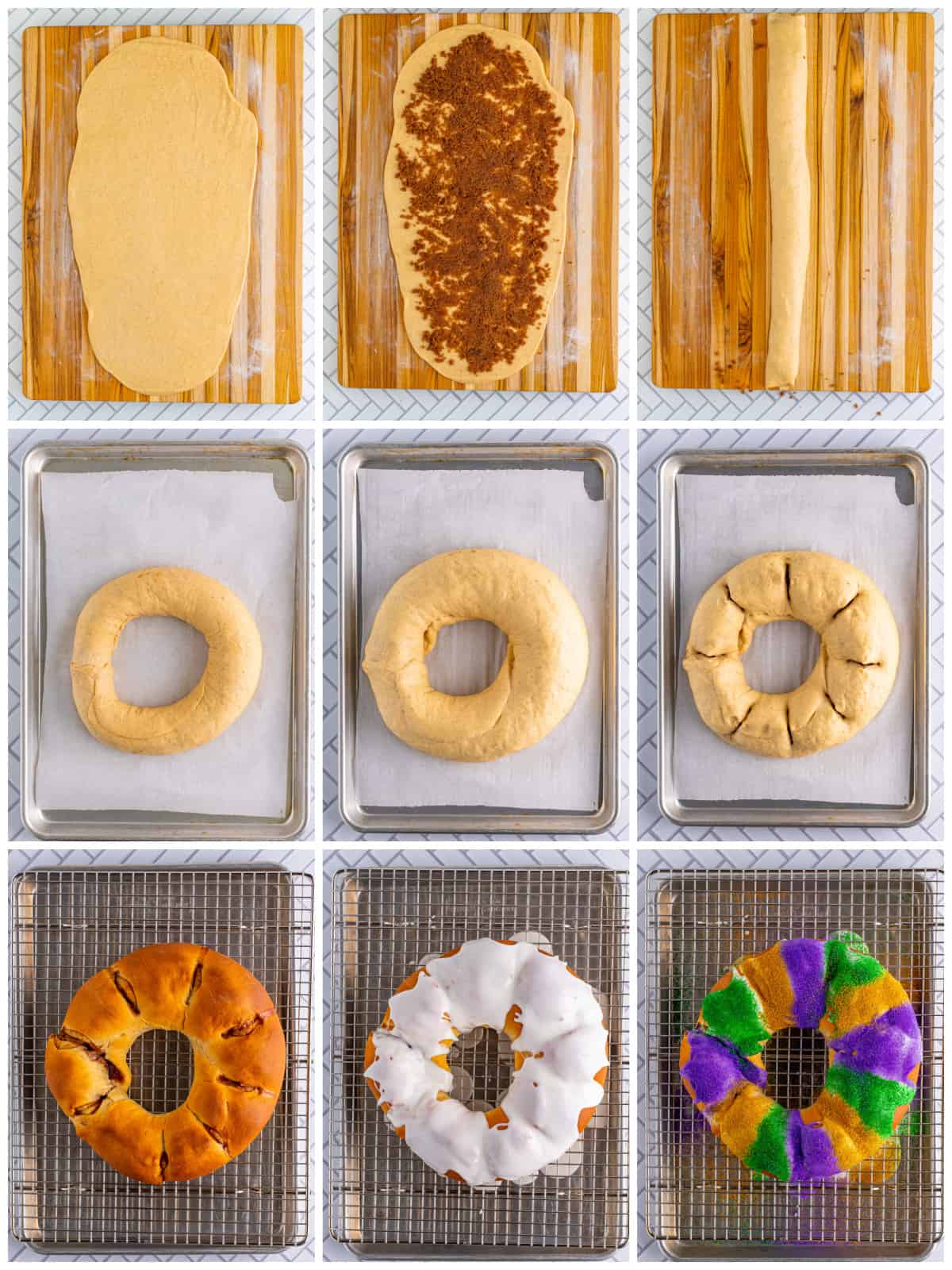 Step by step photos on how to make a King Cake Recipe.