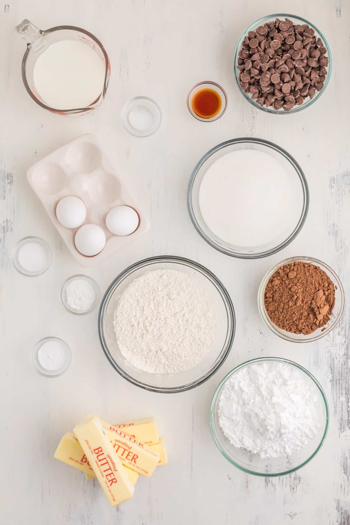 Ingredients needed to make an Easy Chocolate Cake.