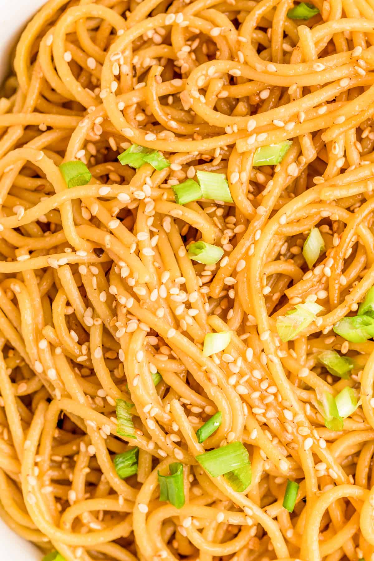 Close up of the Hibachi Noodles in bowl topped with green onions and white sesame seeds.