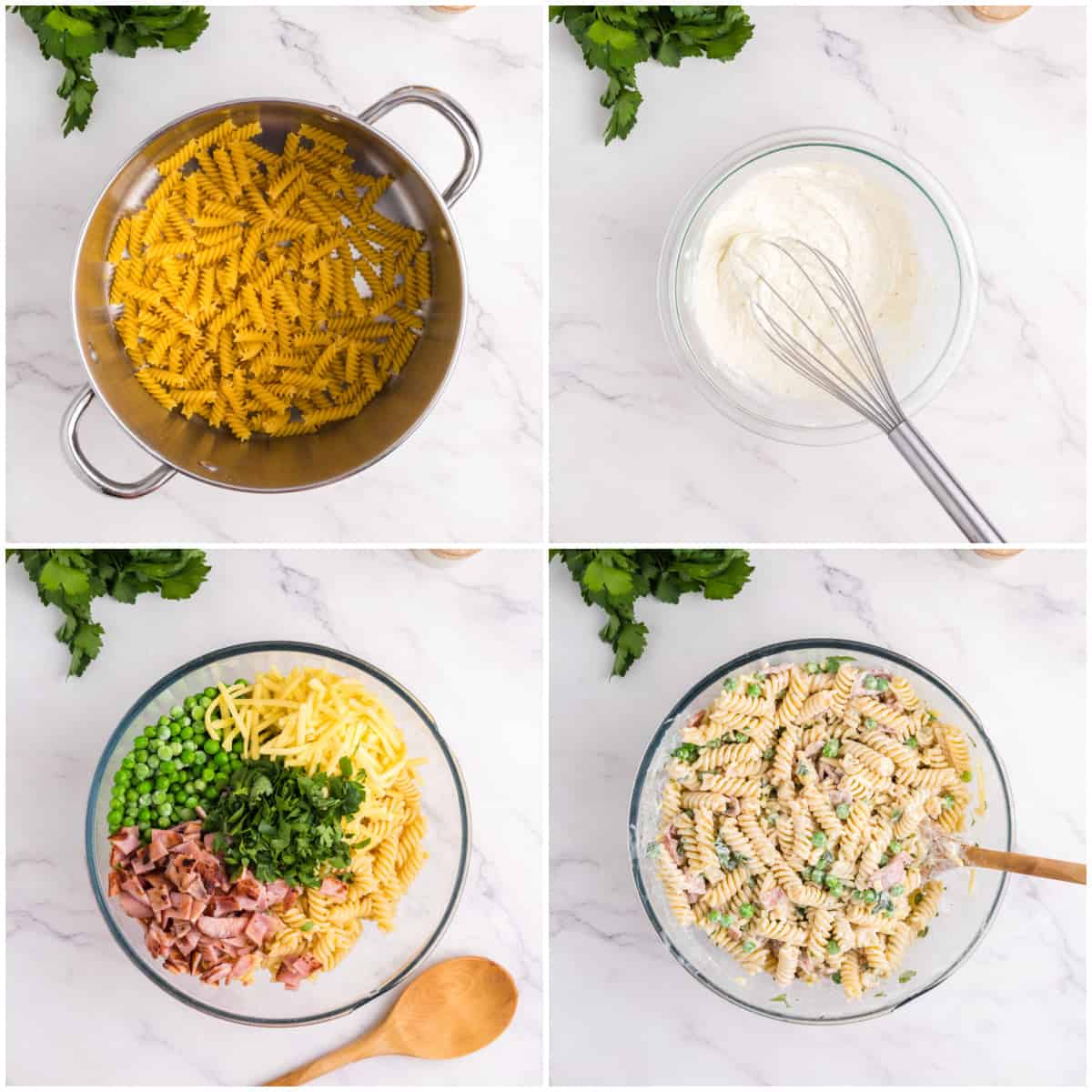 Step by step photos on how to make a Bacon Ranch Pasta Salad.