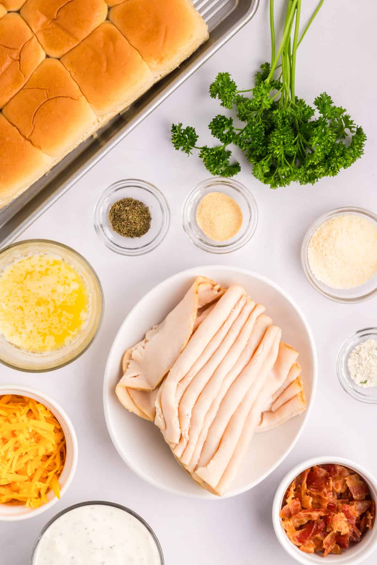 Ingredients needed to make Chicken Bacon Ranch Sliders.