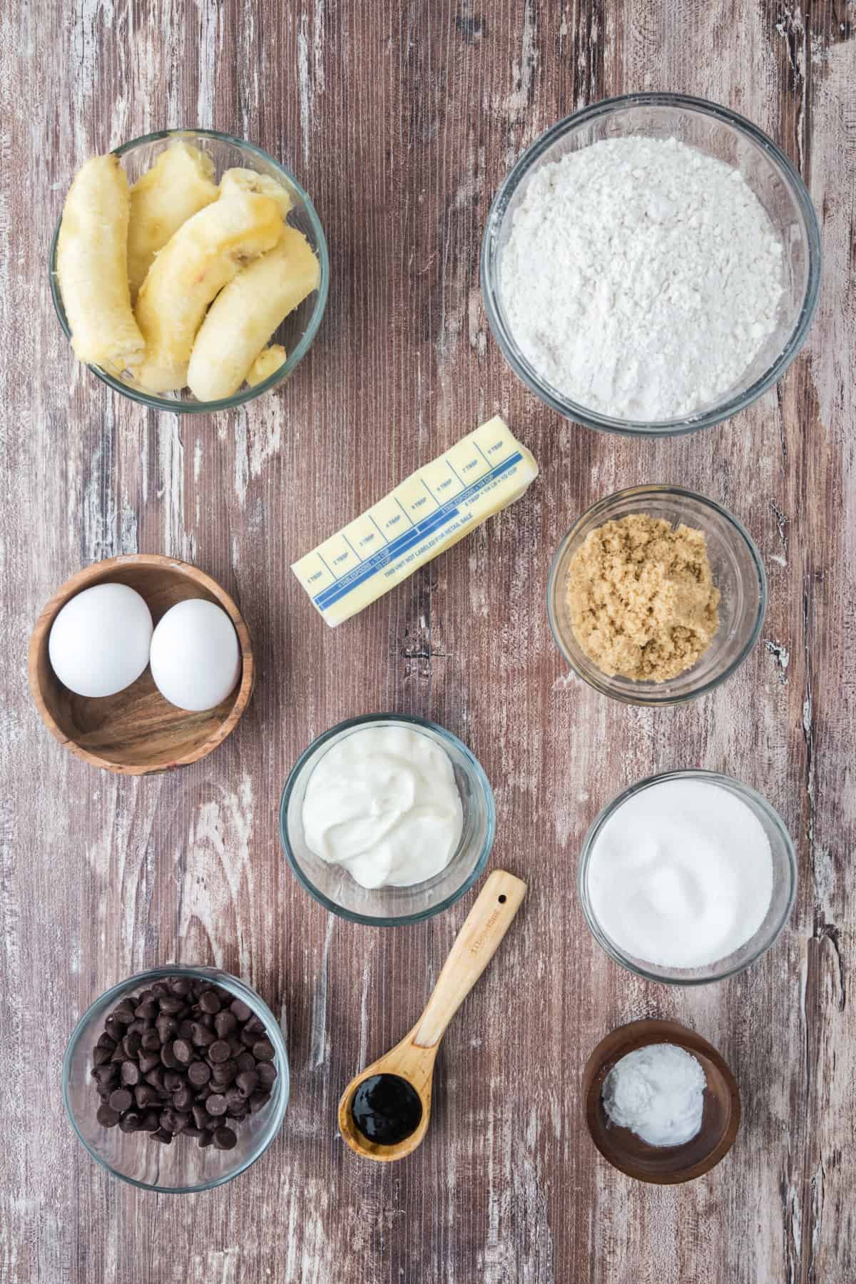 Ingredients needed to make Chocolate Chip Banana Bread.