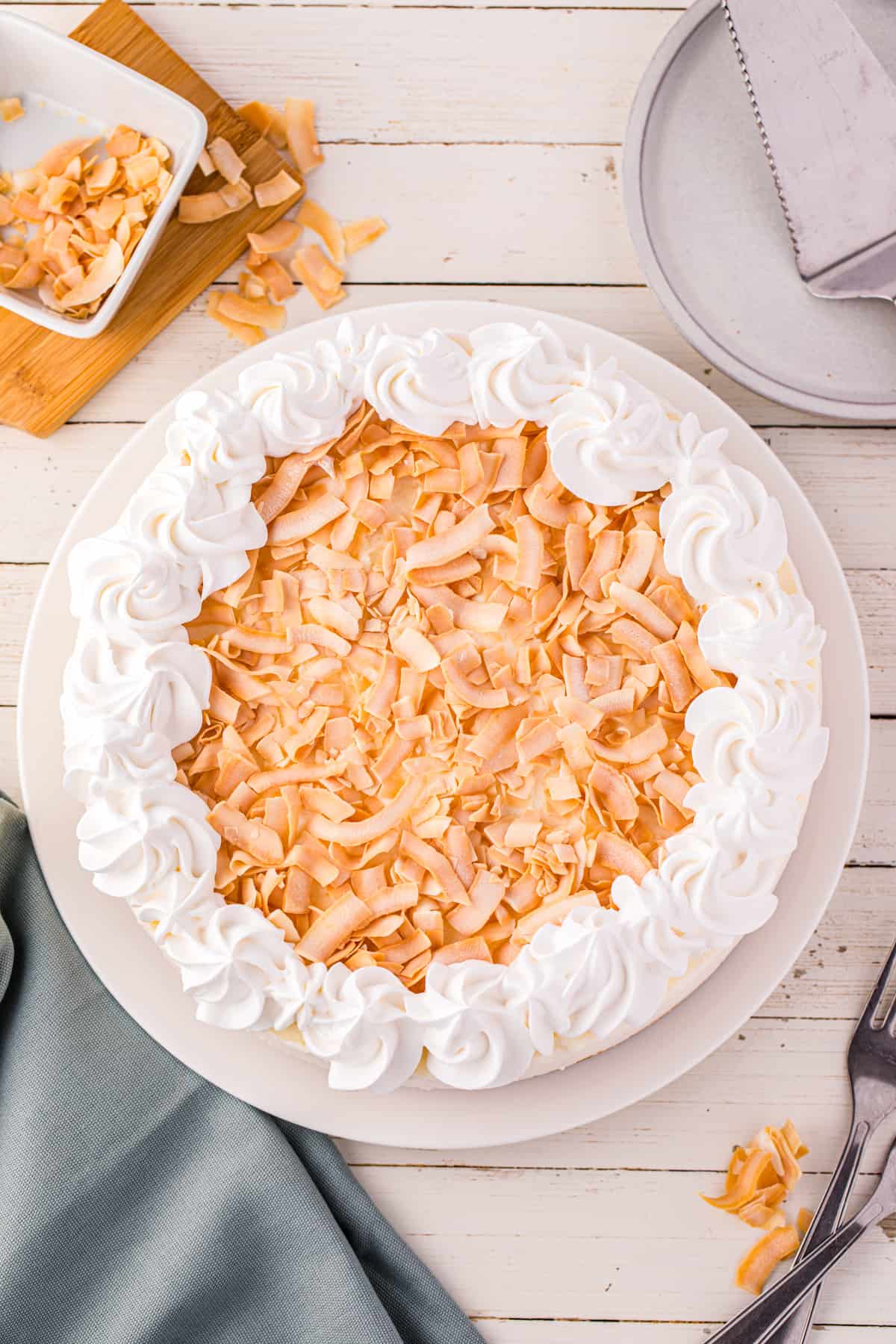 Overhead of finished No Bake Coconut Cheesecake topped with whipped cream and toasted coconut chips.