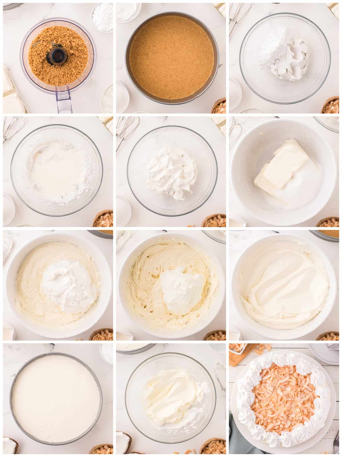 Step by step photos on how to make a No Bake Coconut Cheesecake.