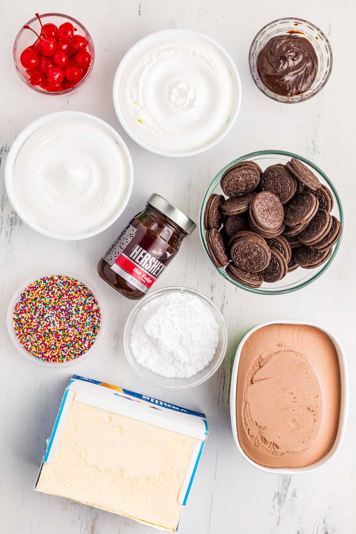 Ingredients needed to make a Copycat Dairy Queen Ice Cream Cake.