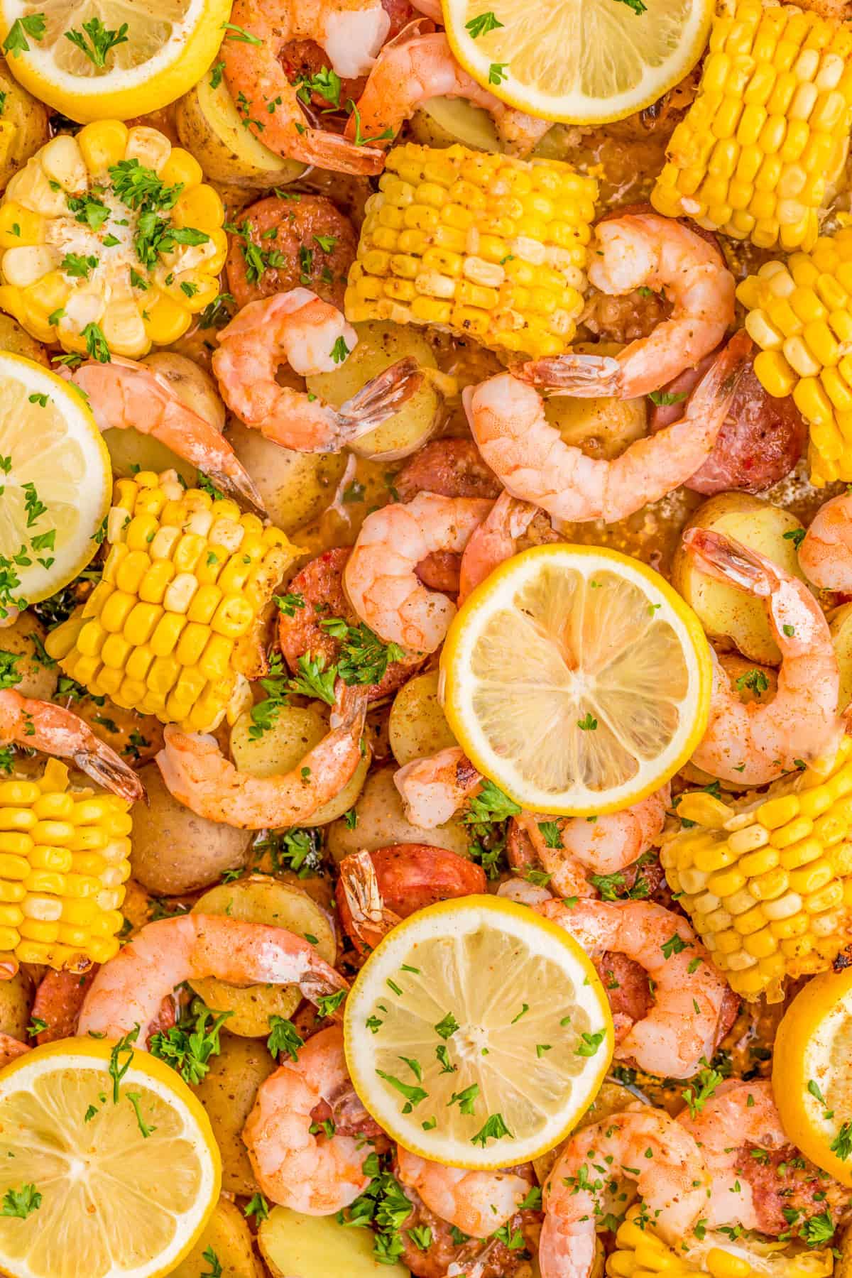 Finished Sheet Pan Shrimp Boil overhead with all ingredients on the pan.