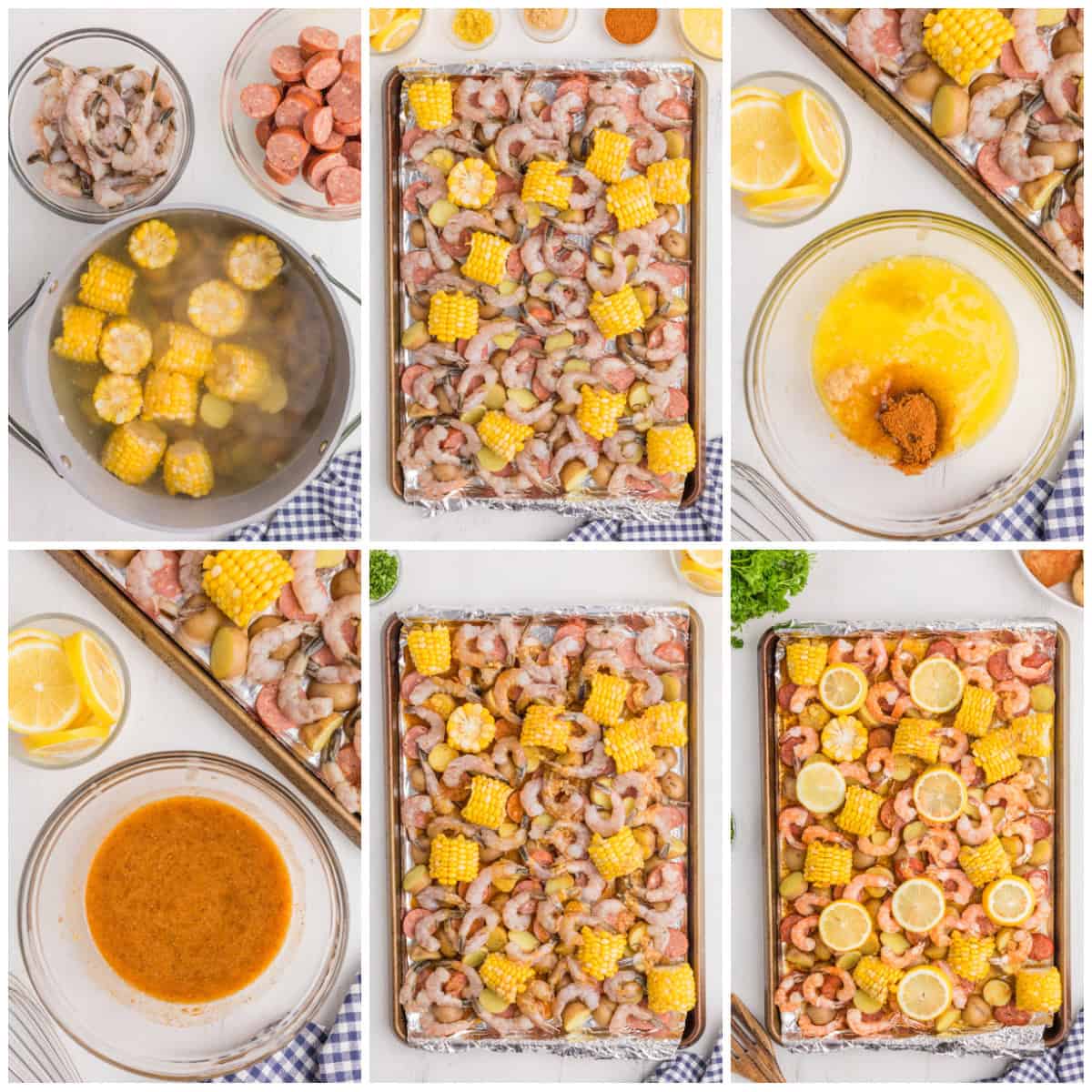 Step by step photos on how to make a Sheet Pan Shrimp Boil.