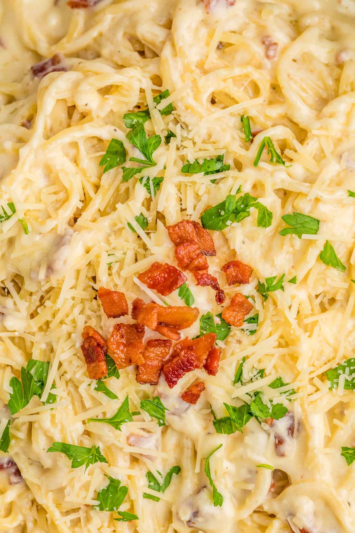 Overhead of finished Bacon Pasta garnished with bacon and parsley.