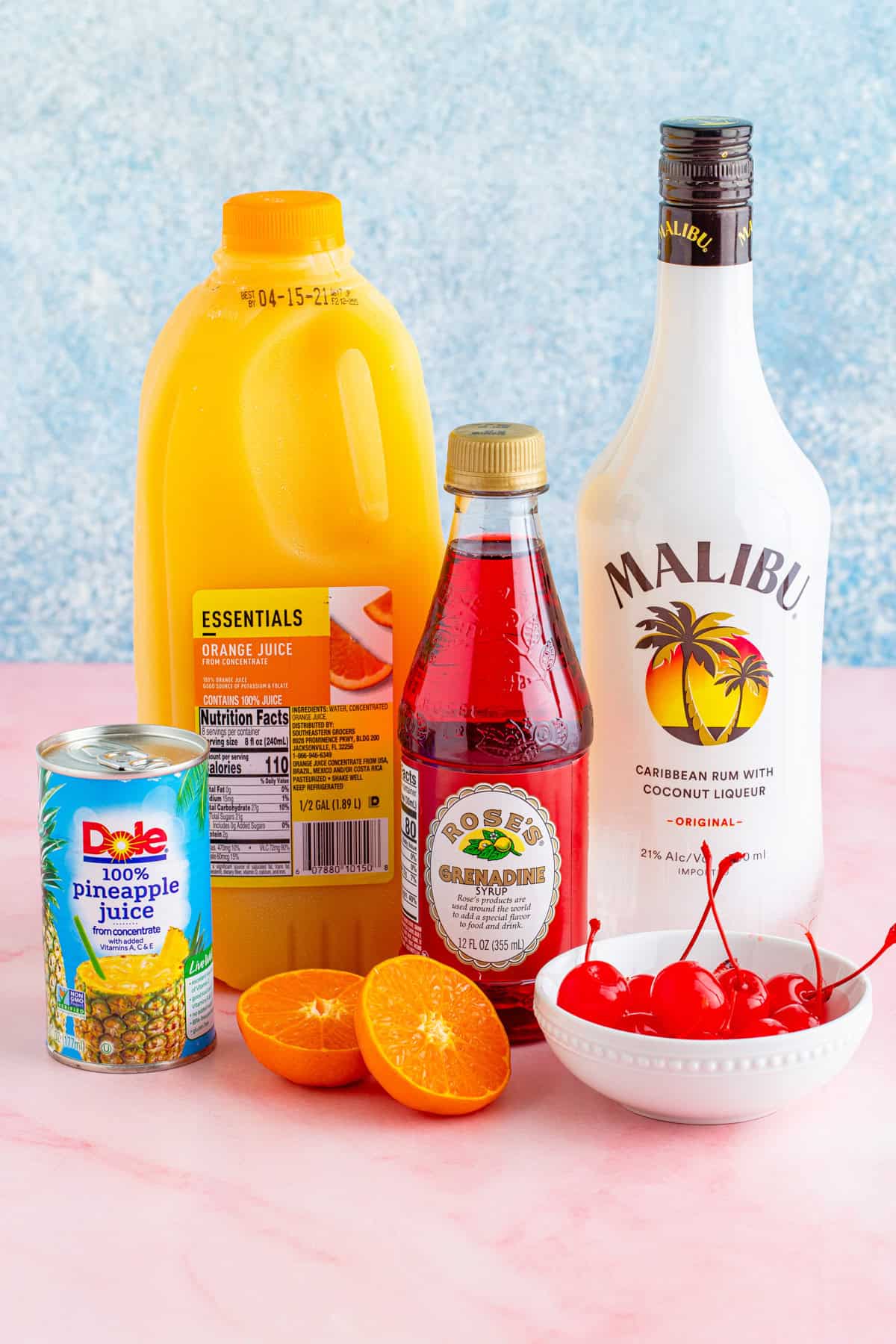 Ingredients needed to make a Malibu Sunset.