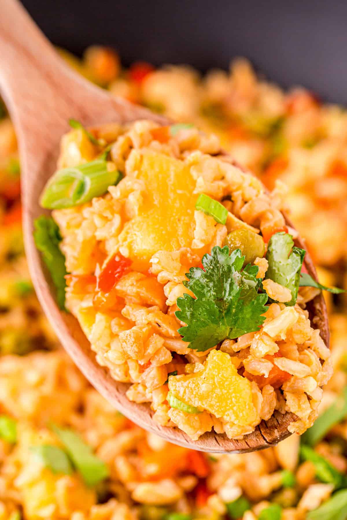 Close up of wooden spoon holding some of the rice showing all the ingredients.