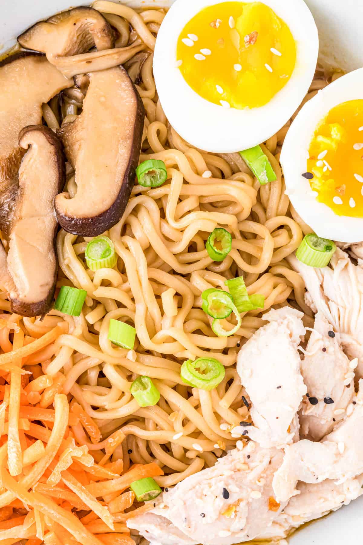 Close up overhead of finished ramen in bowl.