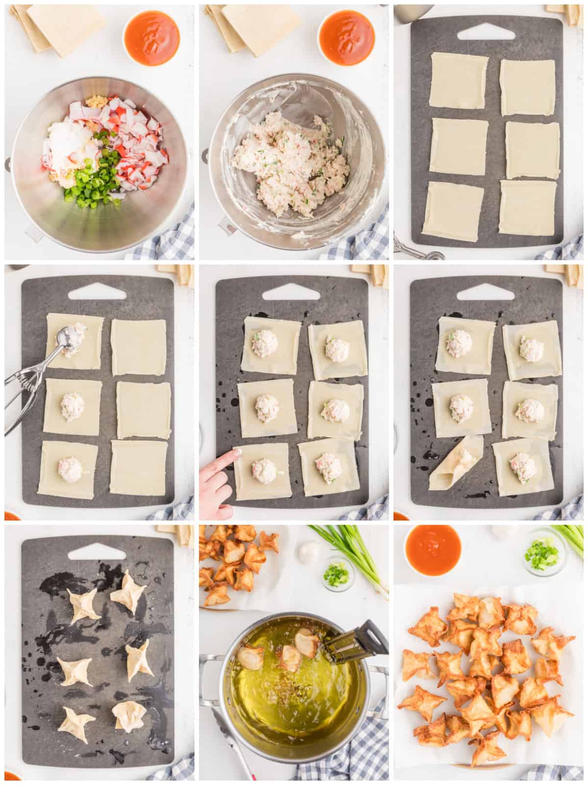 Step by step photos on how to make Crab Rangoon.