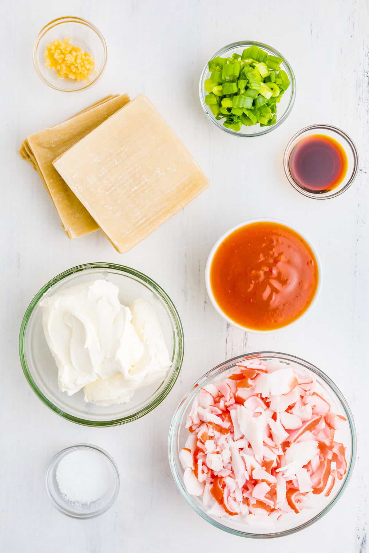 Ingredients needed to make Crab Rangoon.