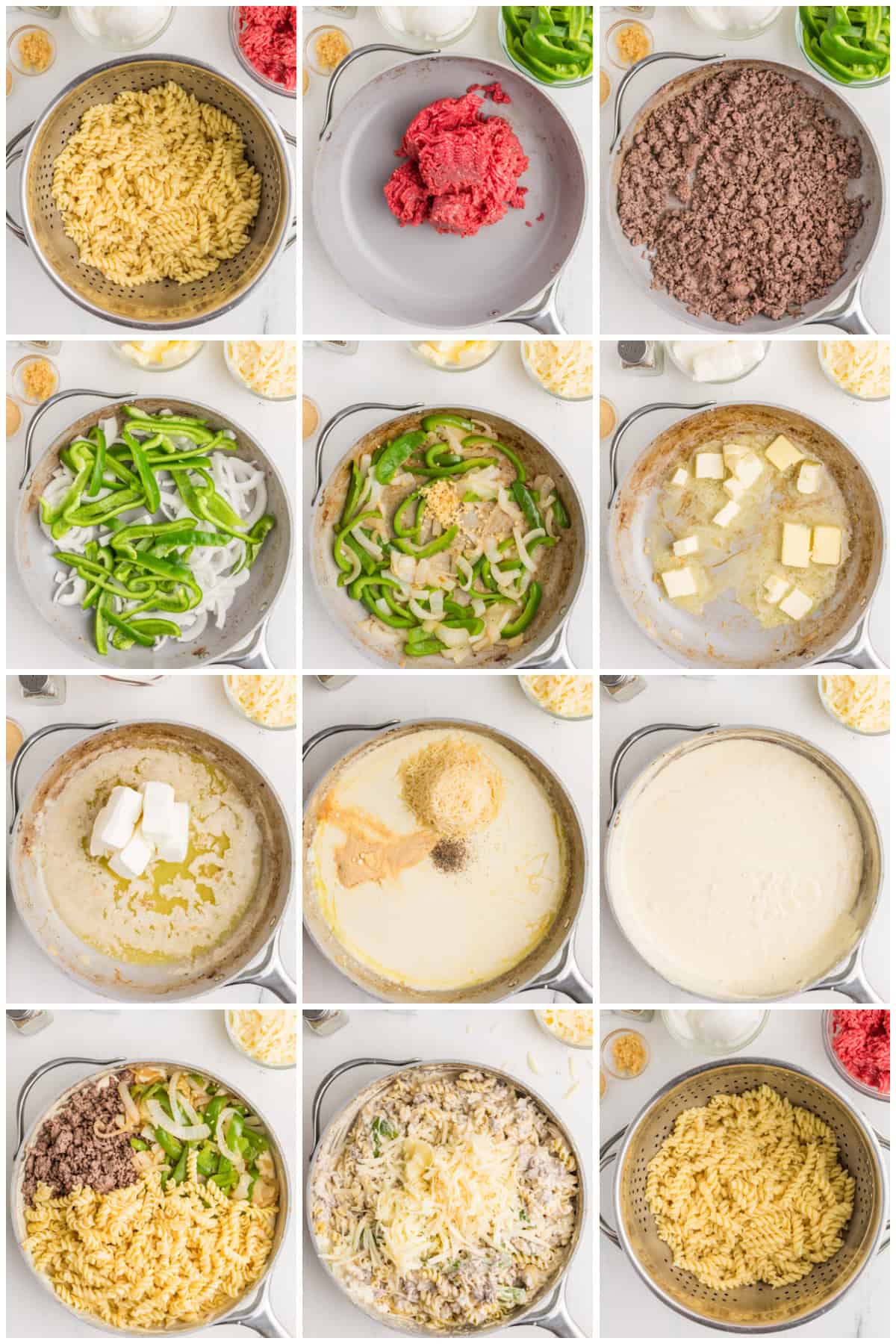 Step by step photos on how to make Philly Cheesesteak Pasta.