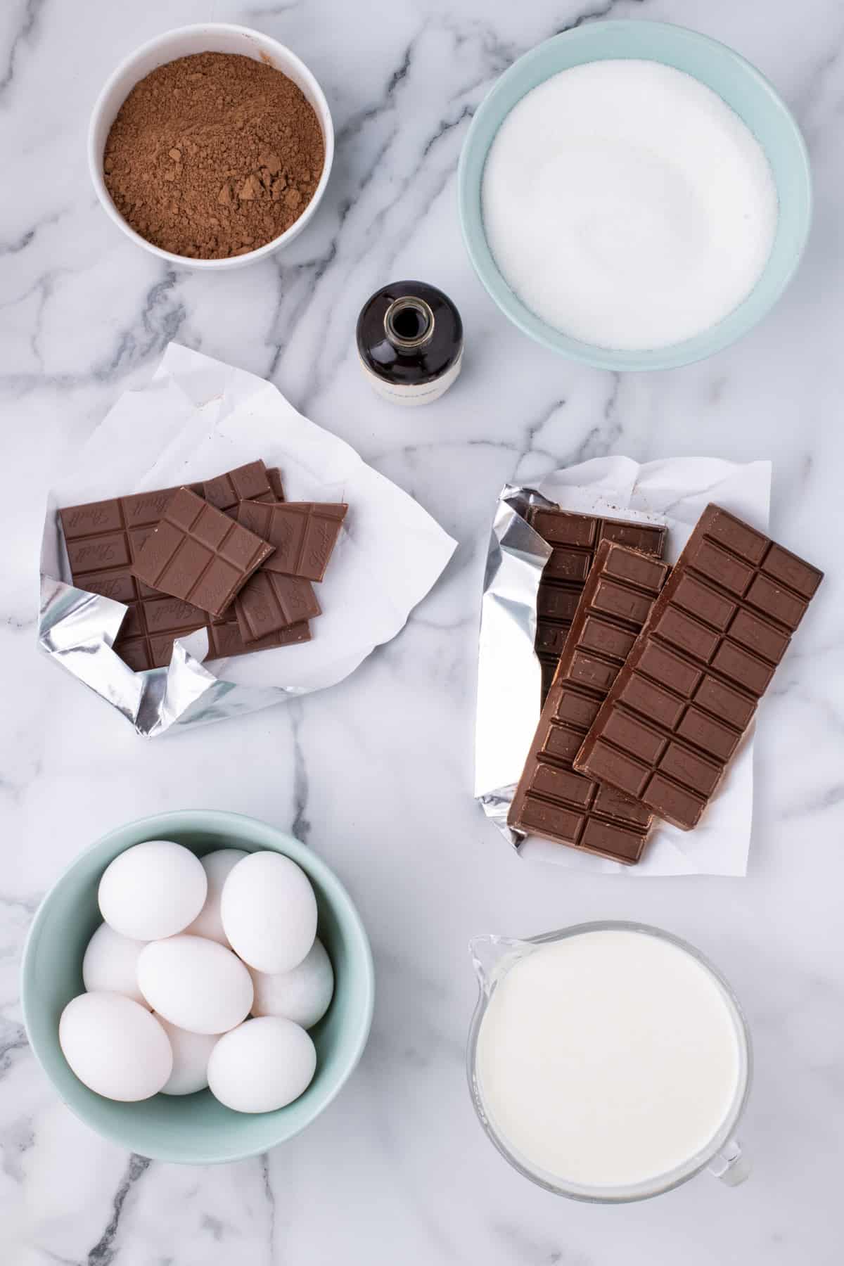 Ingredients needed to make a Chocolate Mousse Cake.