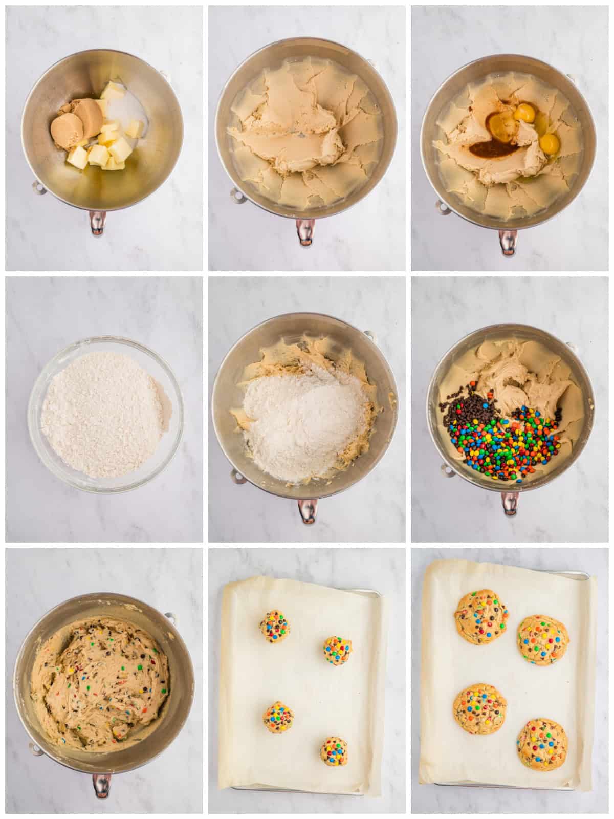 Step by step photos on how to make M&M Chocolate Chip Cookies.