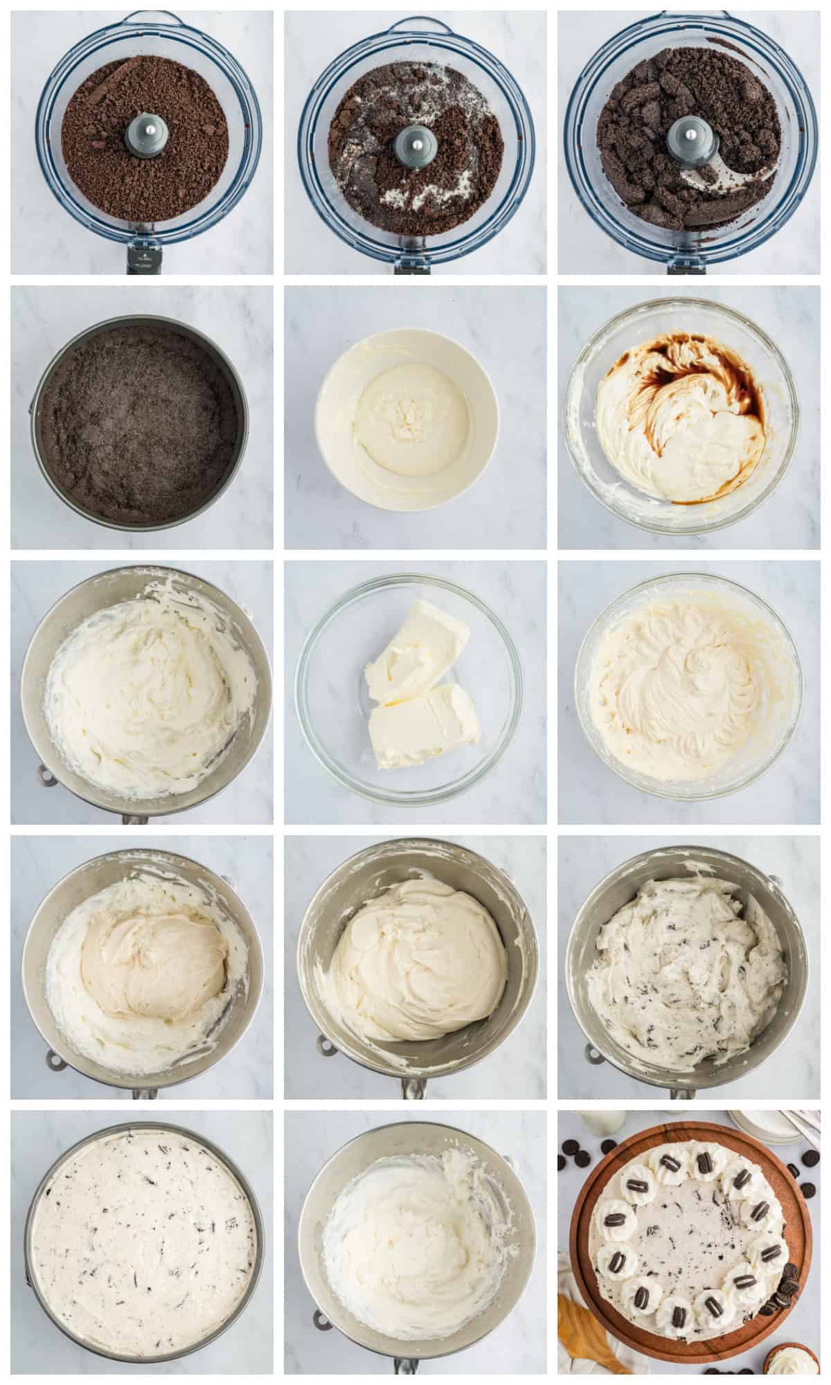 Step by step photos on how to make No Bake Oreo Cheesecake.