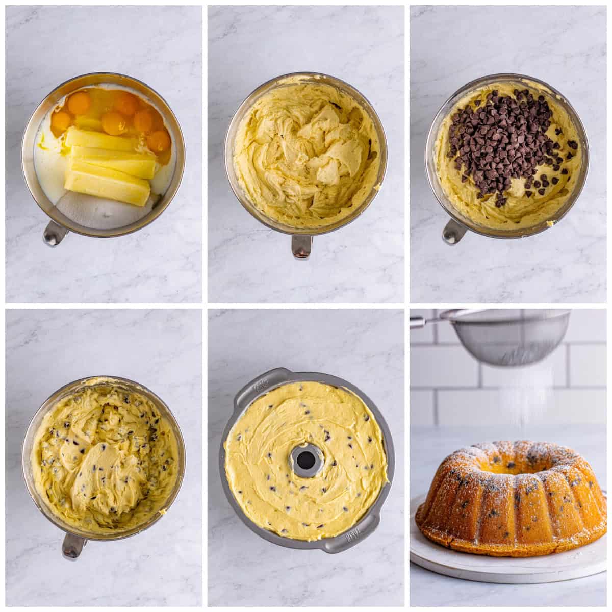 Step by step photos on how to make a Chocolate Chip Pound Cake.