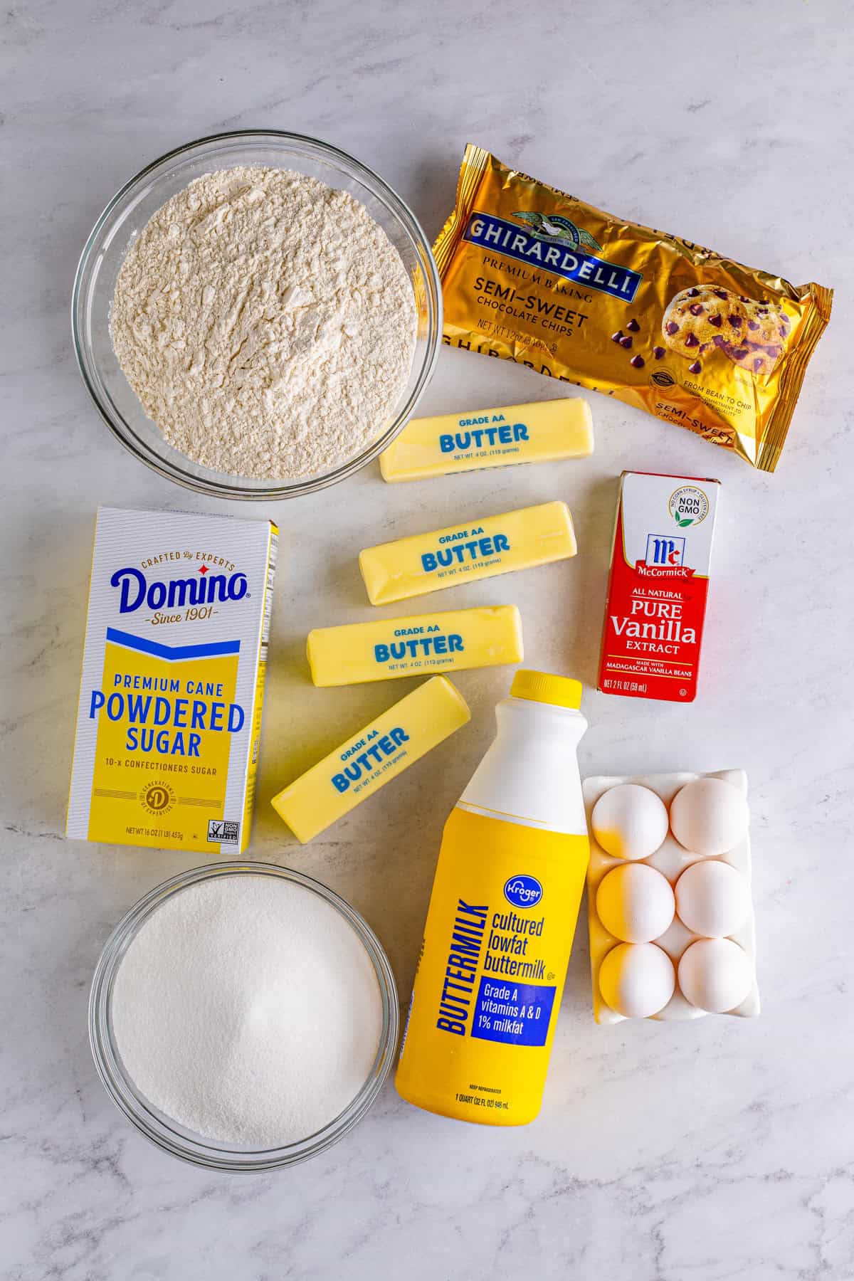 Ingredients needed to make a Chocolate Chip Pound Cake.