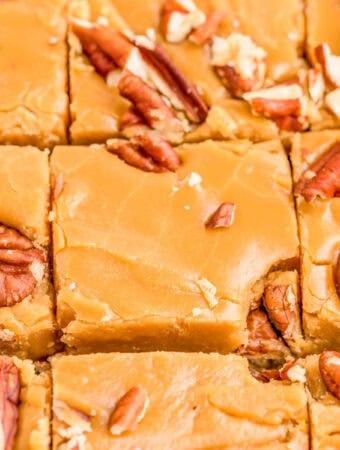 Close up square image of fudge cut into squares with chopped nuts on top.