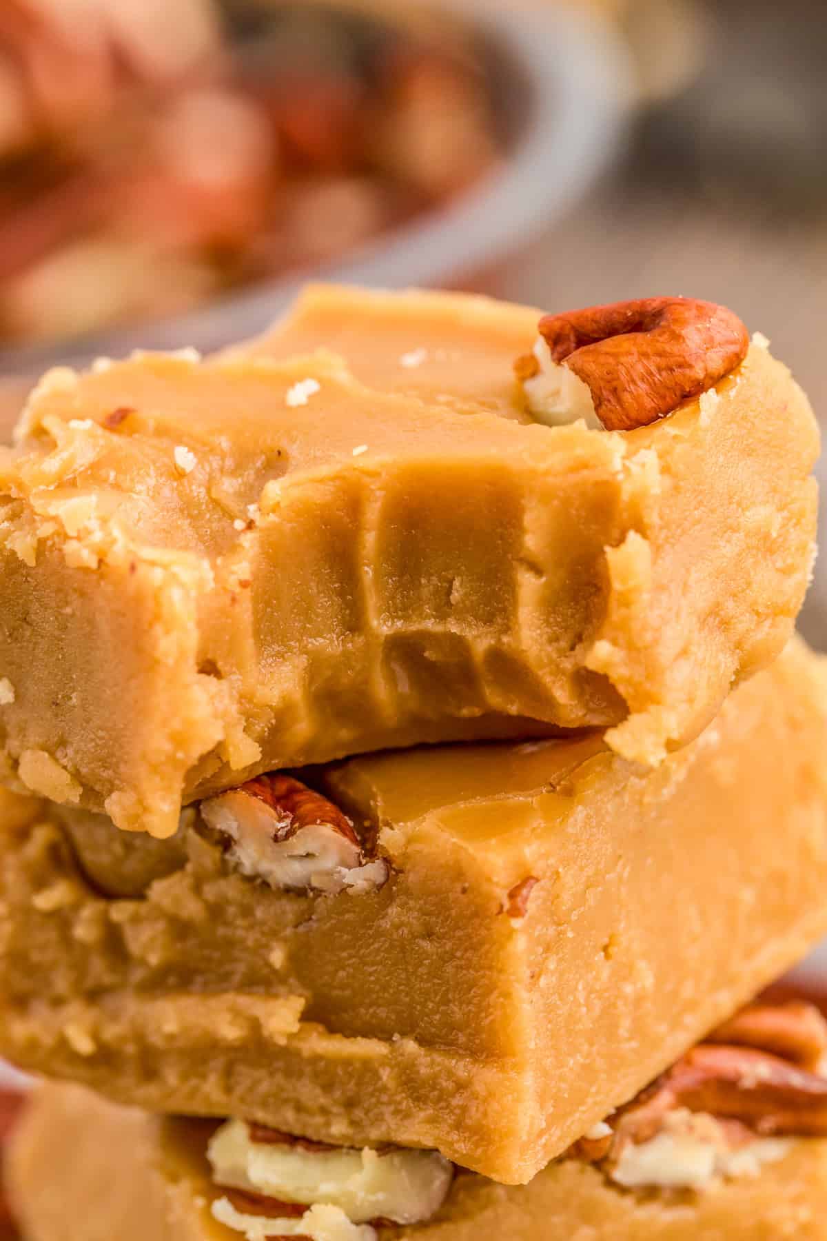 Close up image of a bite taken out of a piece of fudge.