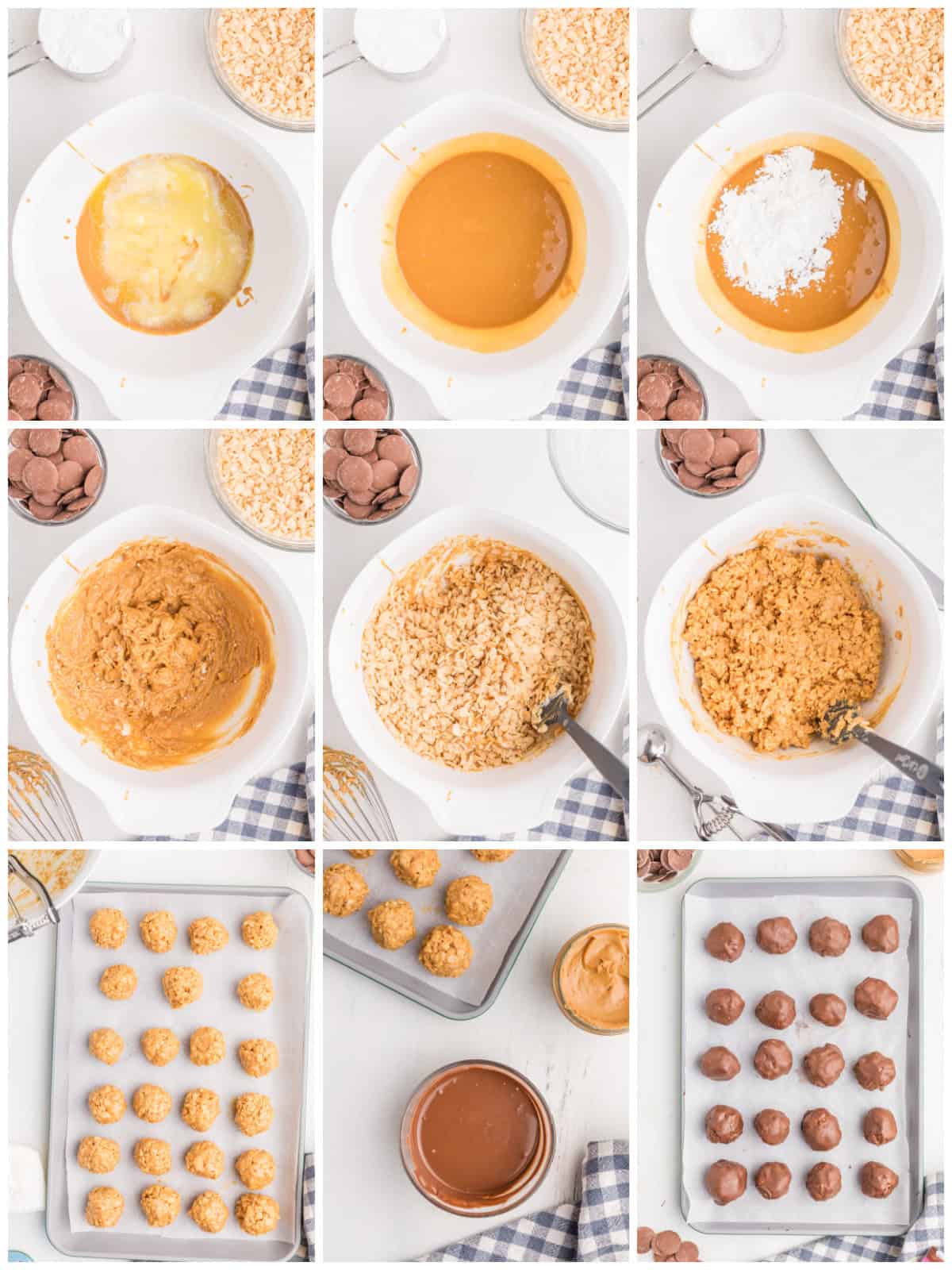 Step by step photos on how to make Rice Krispie Peanut Butter Balls.