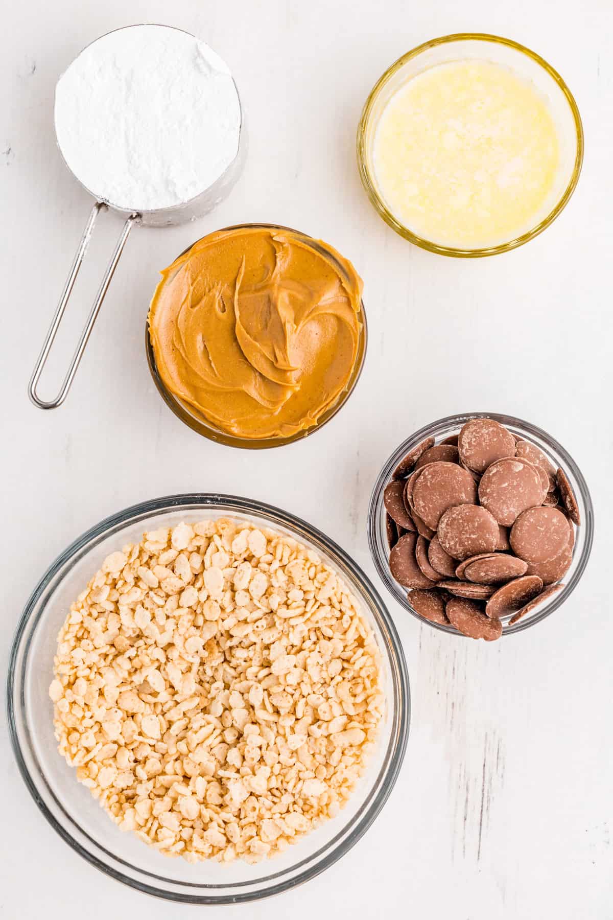 Ingredients needed to make Rice Krispie Peanut Butter Balls.