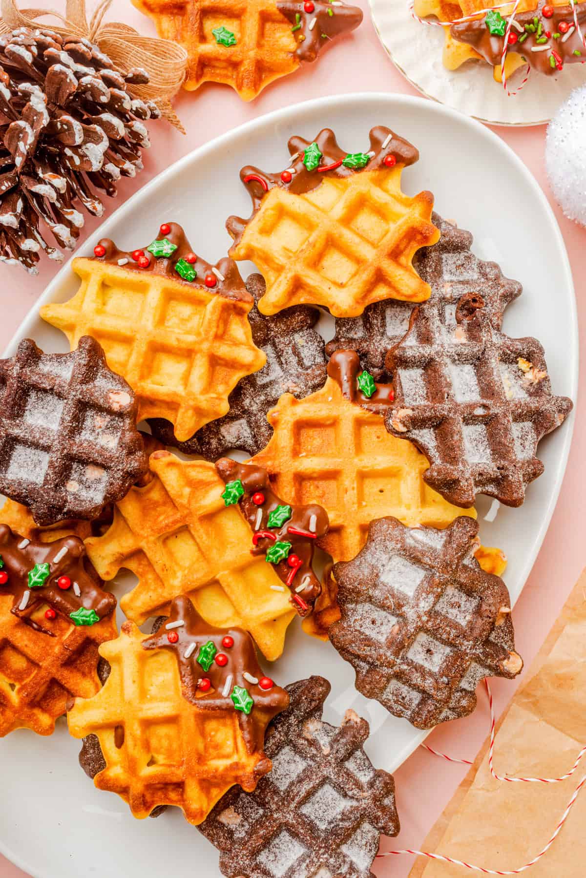 Waffle Cookies being served on white plate decorated.