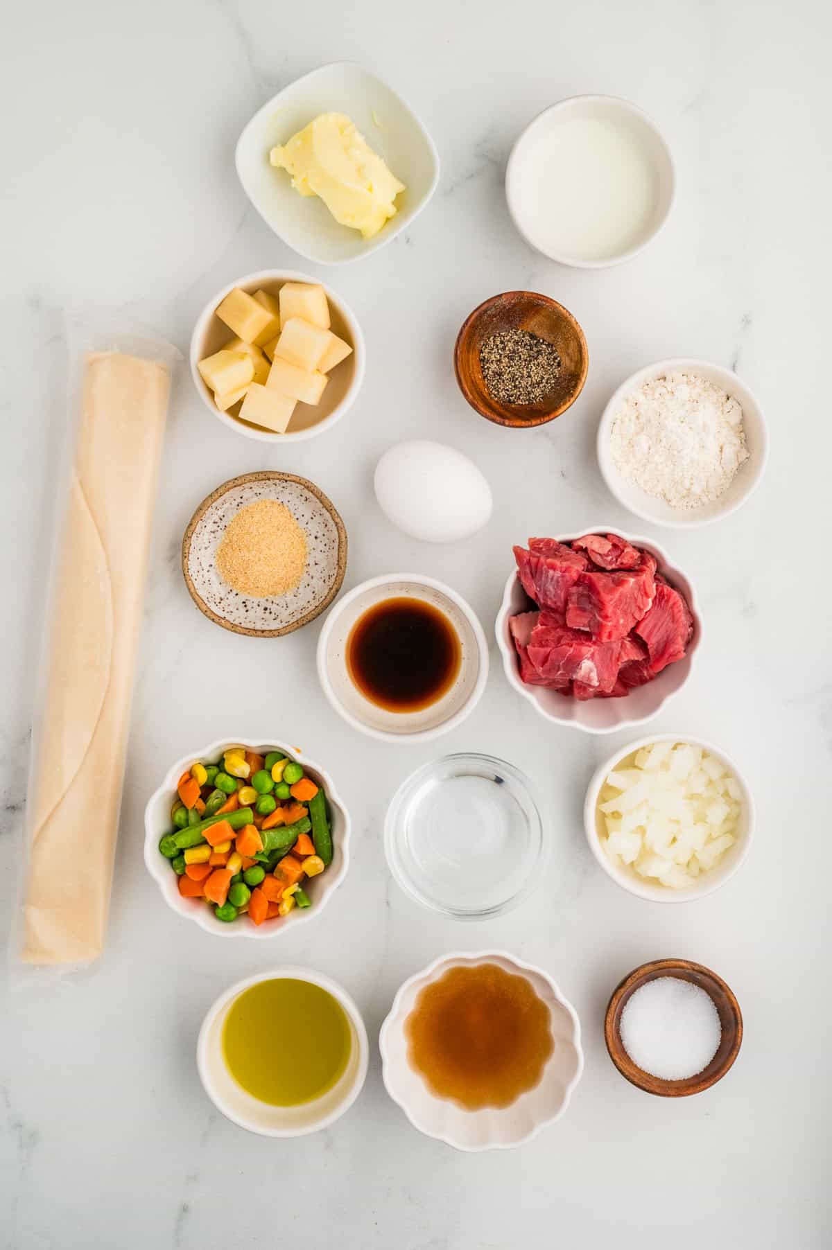 Ingredients needed to make Beef Pot Pie.