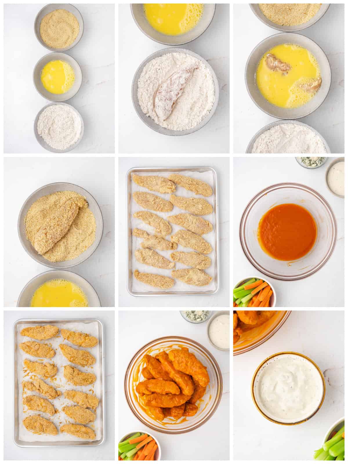 Step by step photos on how to make Buffalo Chicken Strips.