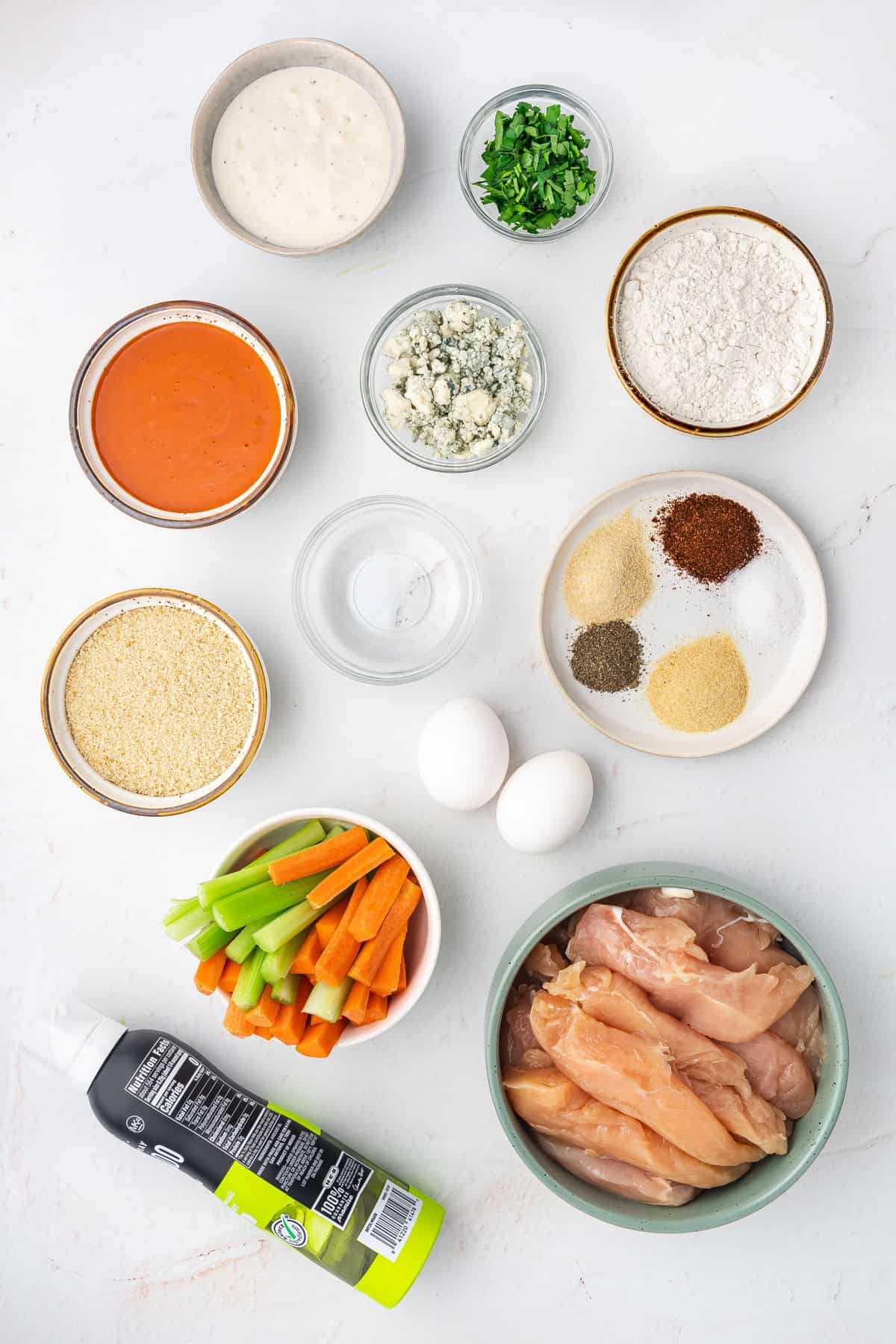 Ingredients needed to make Buffalo Chicken Strips.