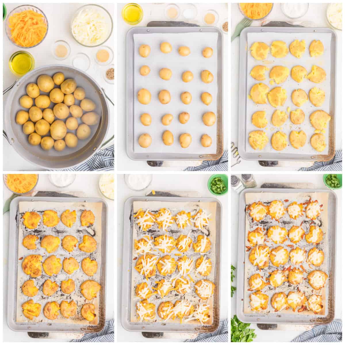 Step by step photos on how to make Cheesy Smashed Potatoes.