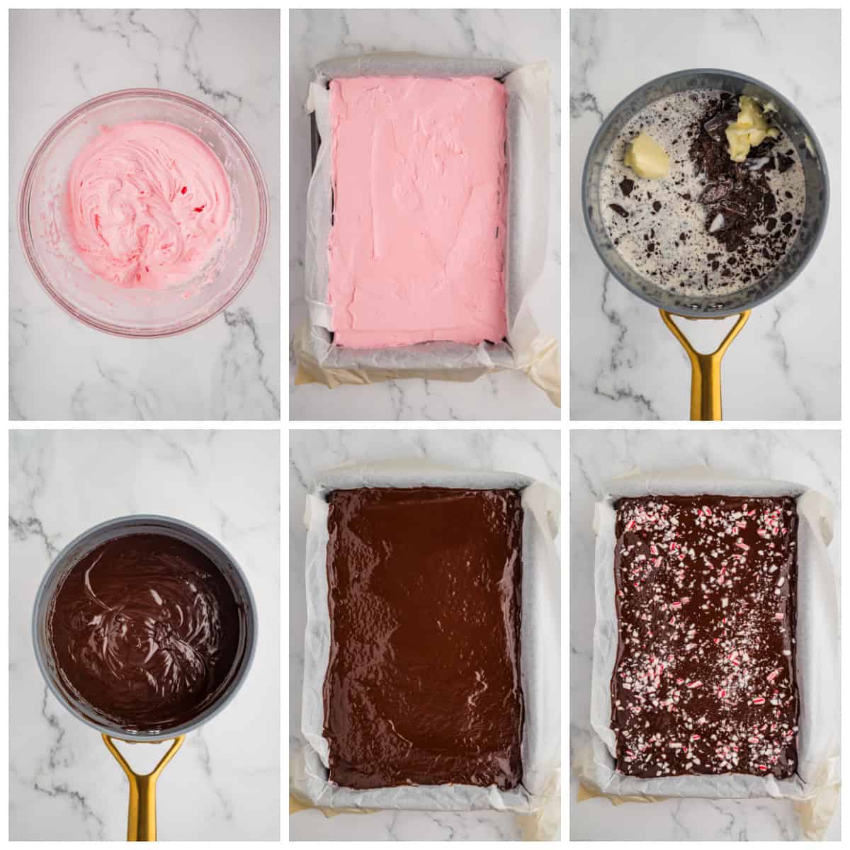 Step by step photos on how to make the frosting and ganache for Peppermint Brownies.