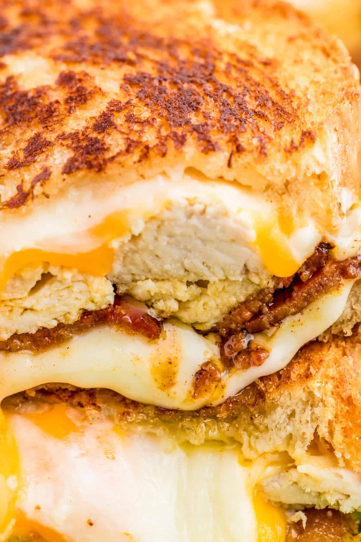 Closeup image of layers of the grilled cheese.