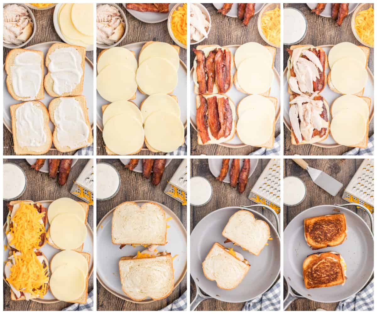 Step by step photos on how to make Chicken Bacon Ranch Grilled Cheese.