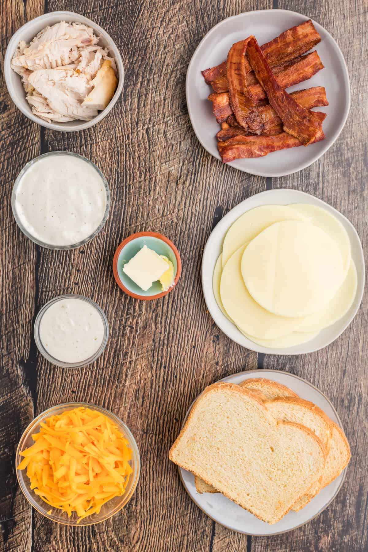 Ingredients needed to make a Chicken Bacon Ranch Grilled Cheese.