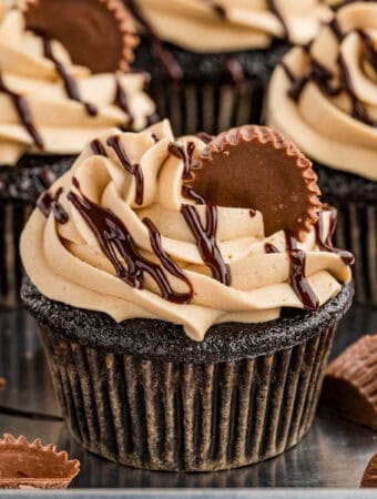 Close up square image of one cupcake frosted with ganache and mini Reese's.