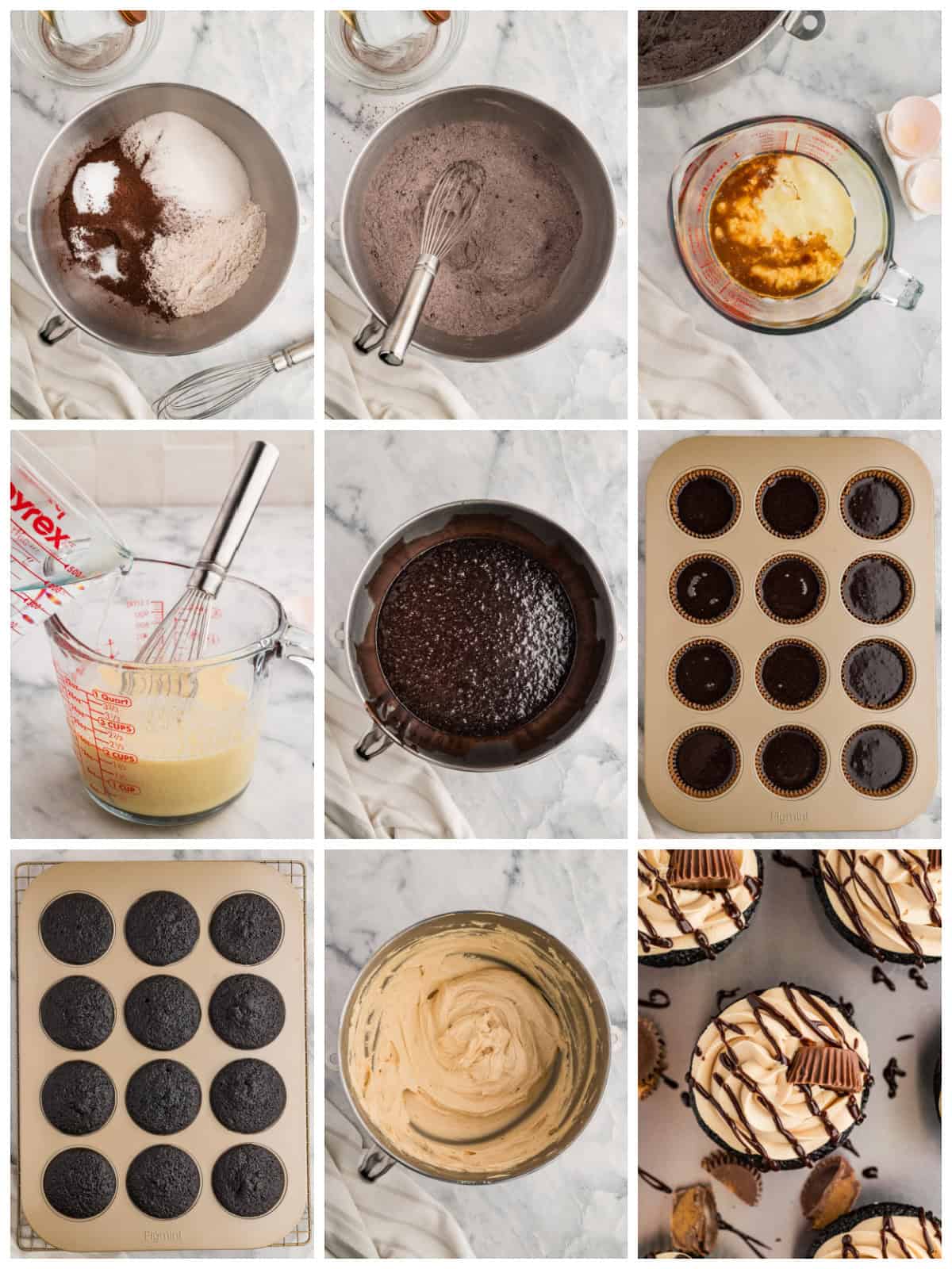 Step by step photos on how to make Chocolate Peanut Butter Cupcakes.