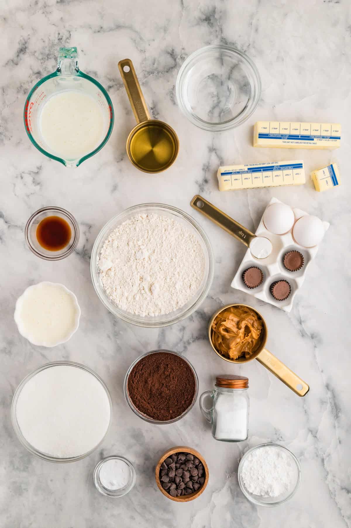 Ingredients needed to make Chocolate Peanut Butter Cupcakes.