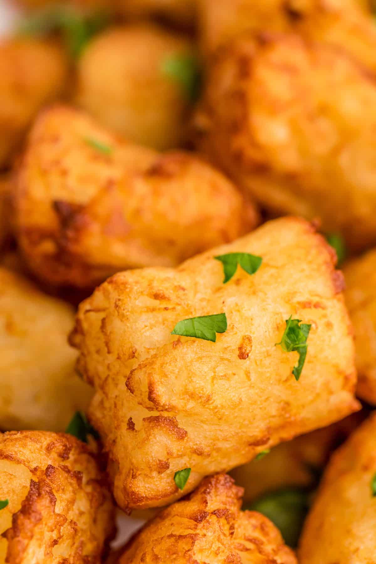 Close up of Homemade Tater Tots topped with parsley.