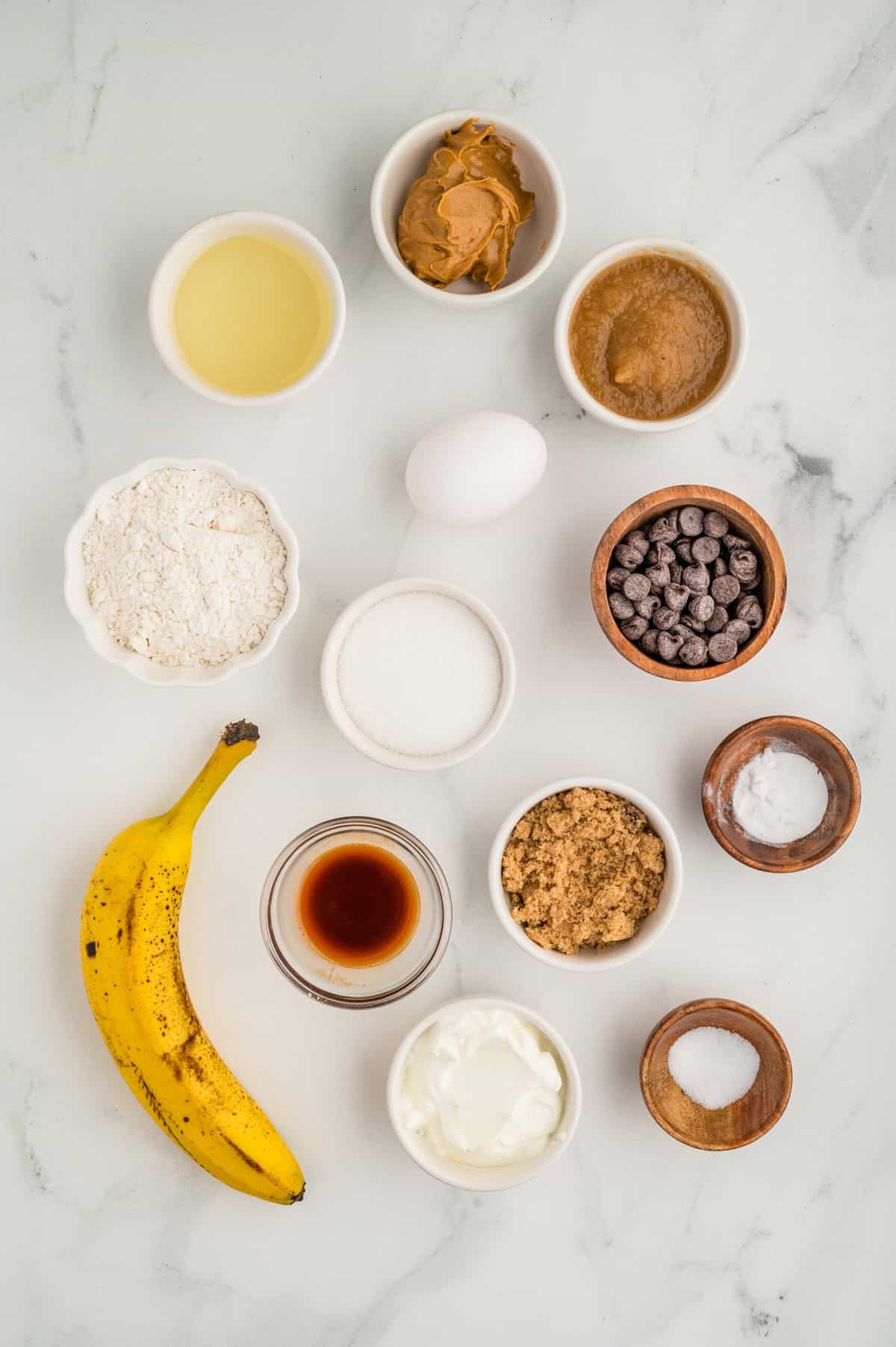 Ingredients needed to make Peanut Butter Banana Bread.