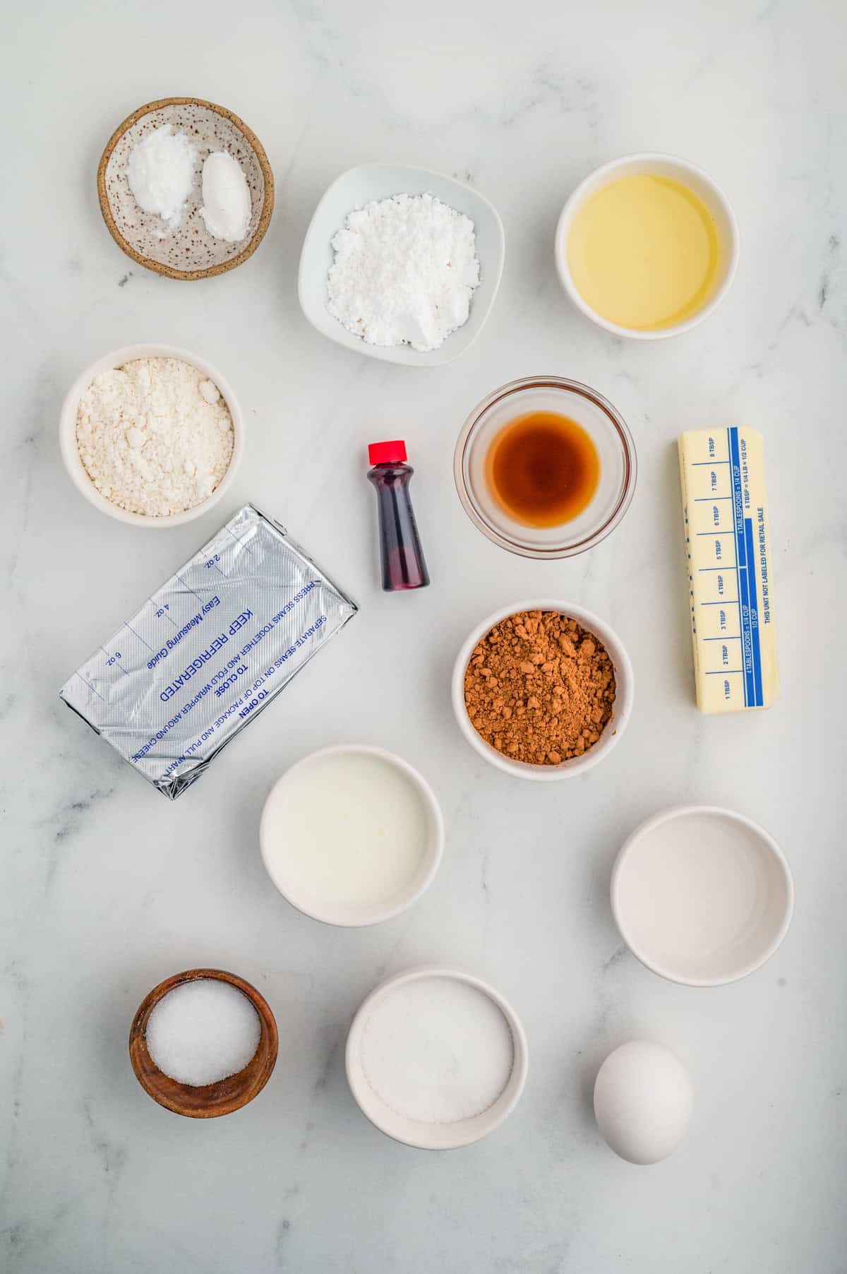 Ingredients needed to make a Red Velvet Cake Roll.