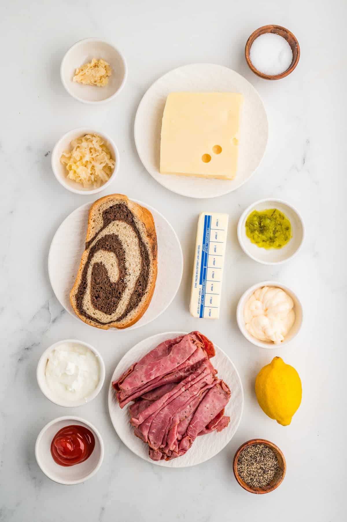 Ingredients needed to make a Reuben Sandwich Recipe.