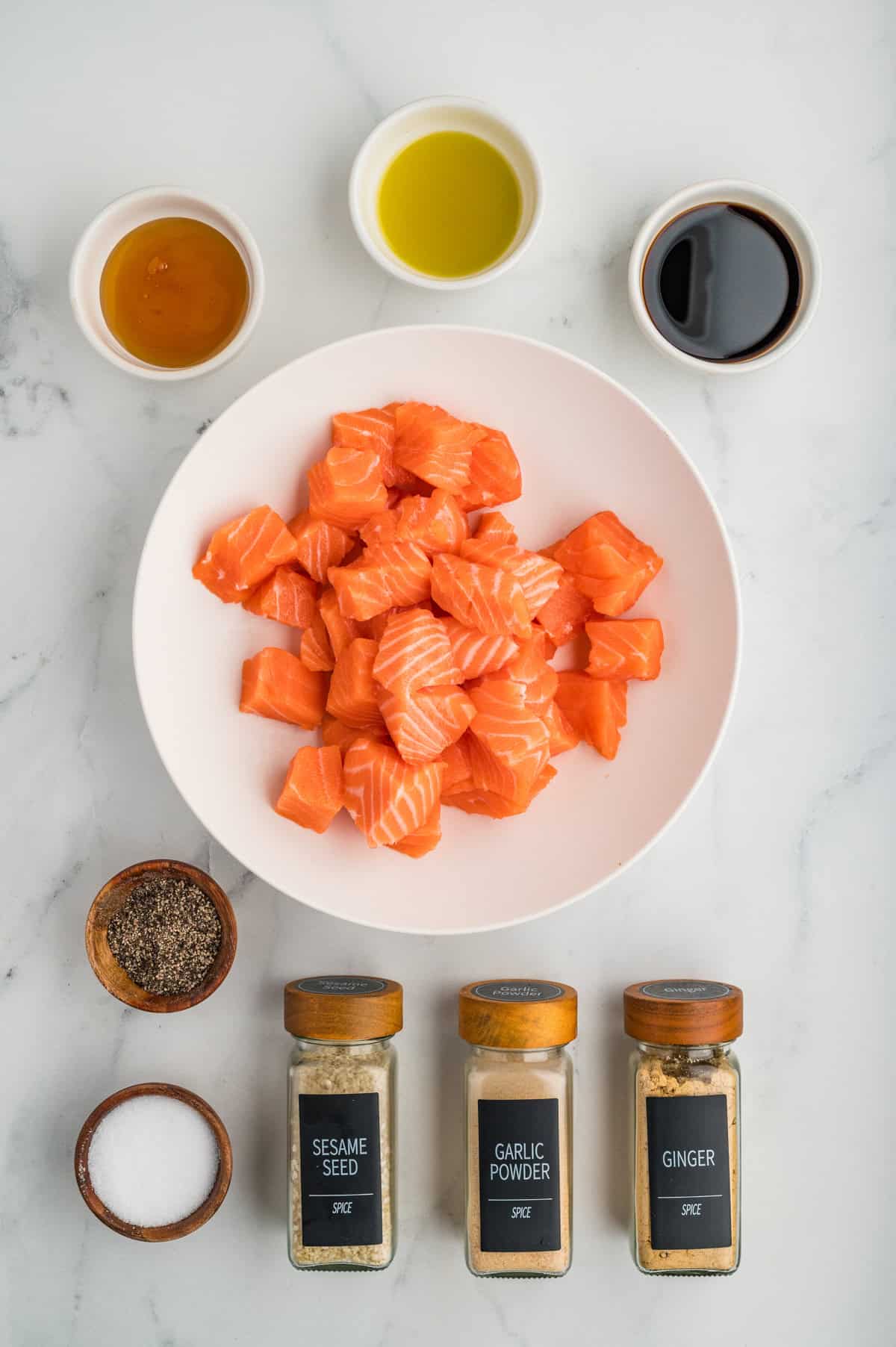 Ingredients needed to make Air Fryer Salmon Bites.