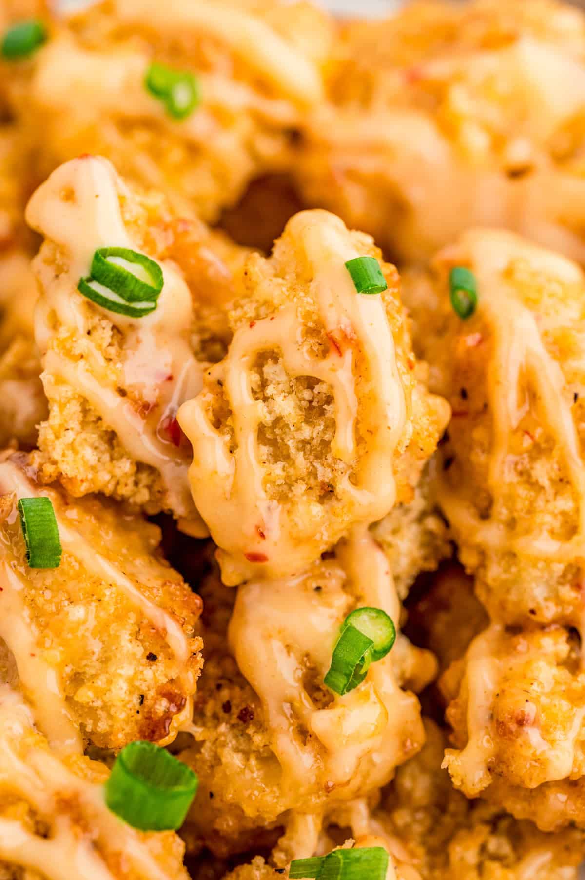 Close up of Bang Bang Chicken showing drizzled sauce and green onions.