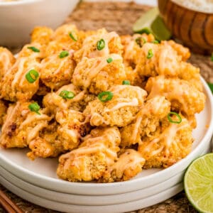 Square image of chicken on stacked white plates topped with green onions.