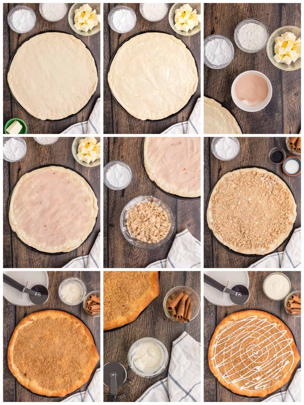 Step by step photos on how to make a Cinnamon Sugar Dessert Pizza.