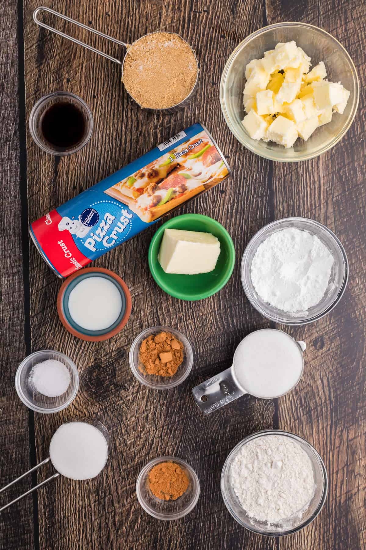 Ingredients needed to make a Cinnamon Sugar Dessert Pizza.